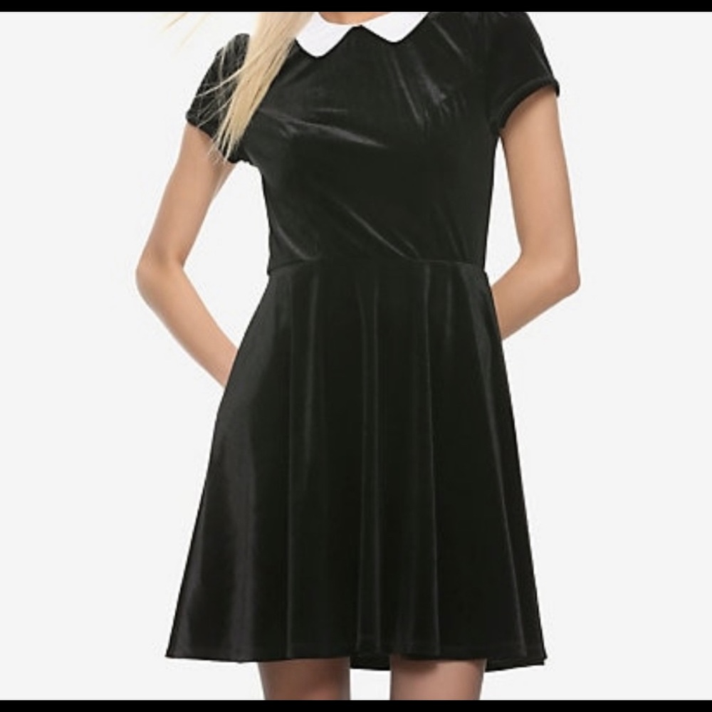 Gothic Goth Black Velvet White Collar Dress